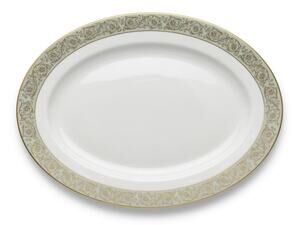 Yamaka Fine China Renaissance 2659R Oval Serving Platter 14in, Sage Green Gold
